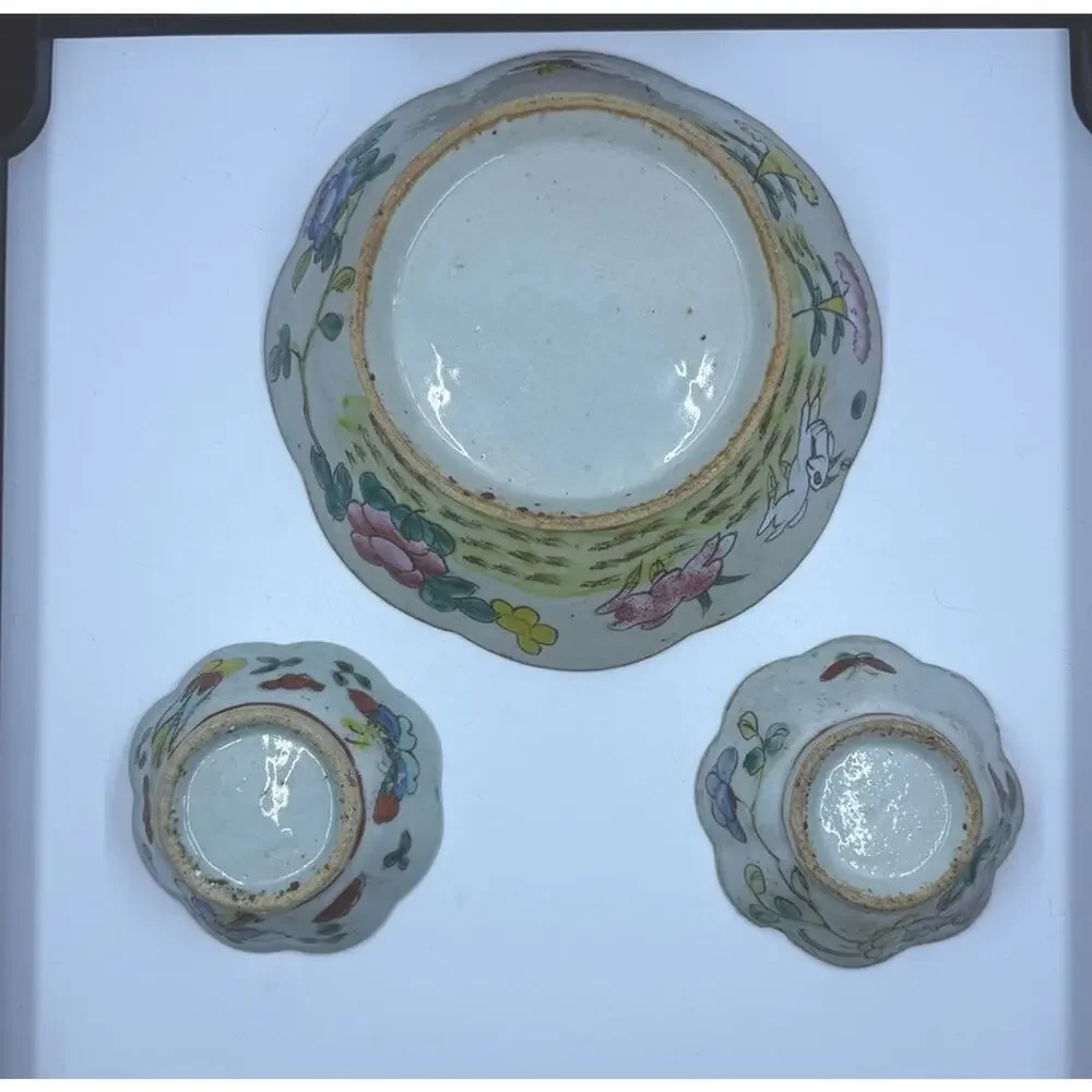 3 Antique Chinese Famille Rose Porcelain Bowl & Scalloped Dishes Set Turquoise